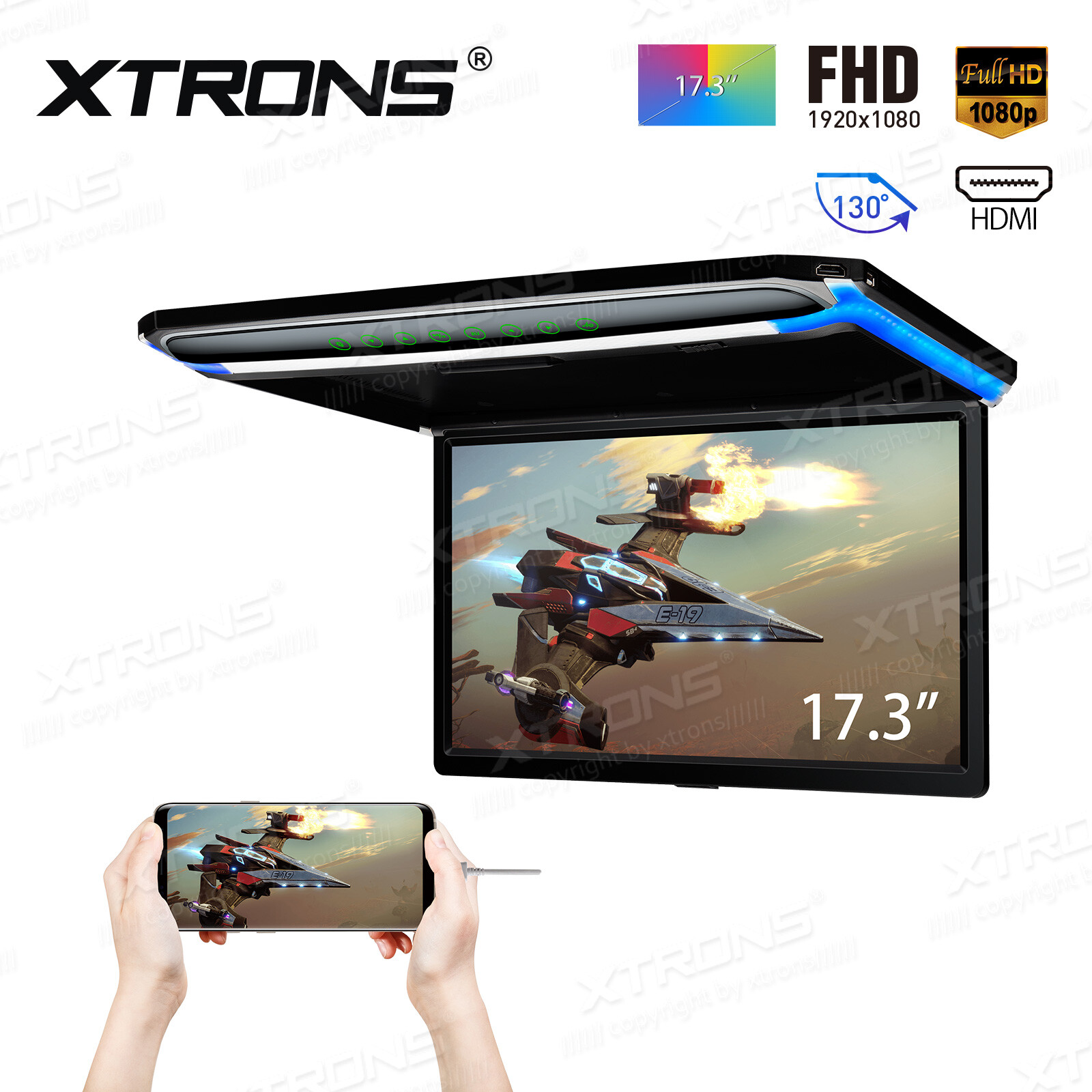 17.3" Car Roof Overhead Flip Down Monitor HDMI/USB/SD Game 1080P +2Pcs Headsets