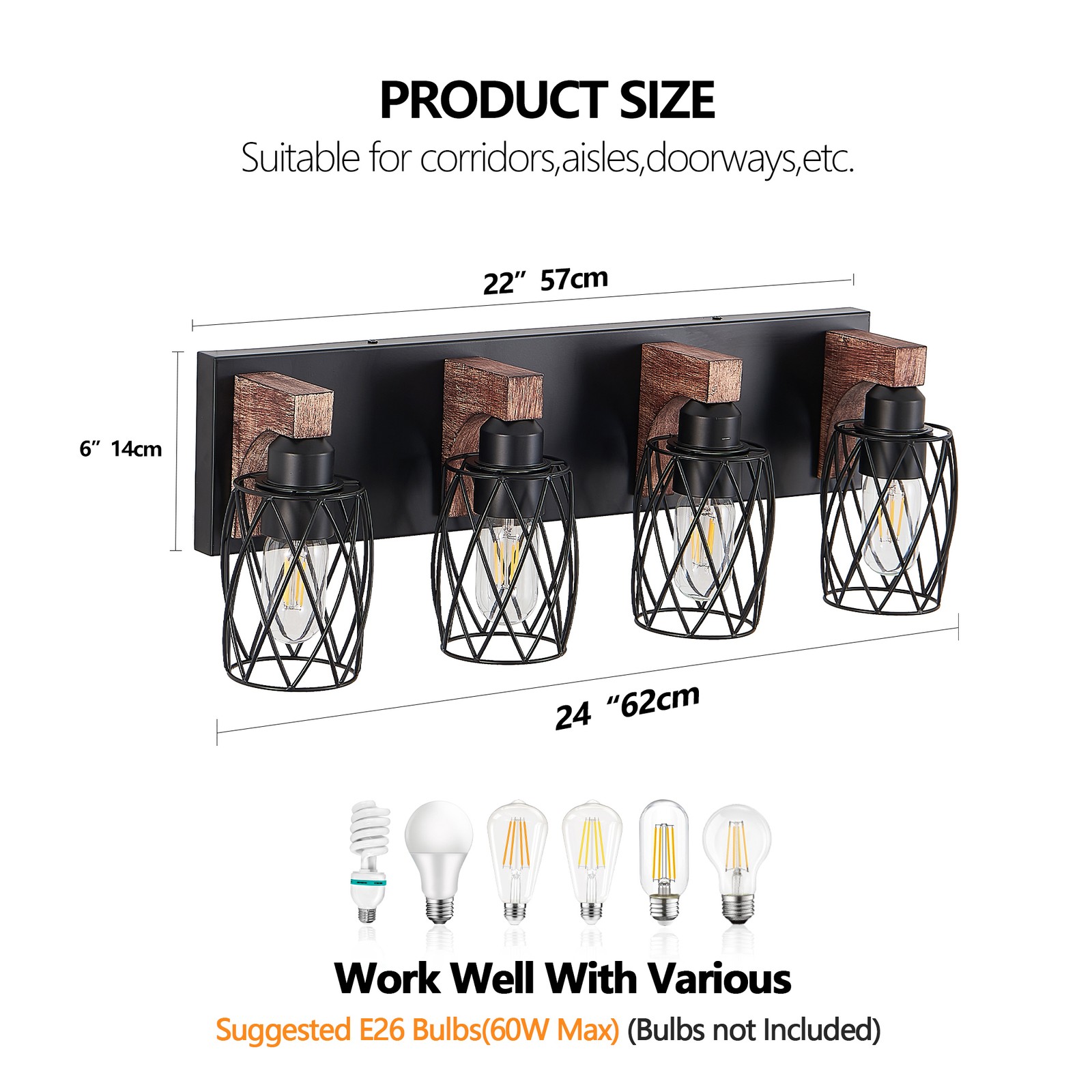 Vanity 4 Light 24'' Metal Black Farmhouse for Bathroom Mirror Wall Lamp Fixture