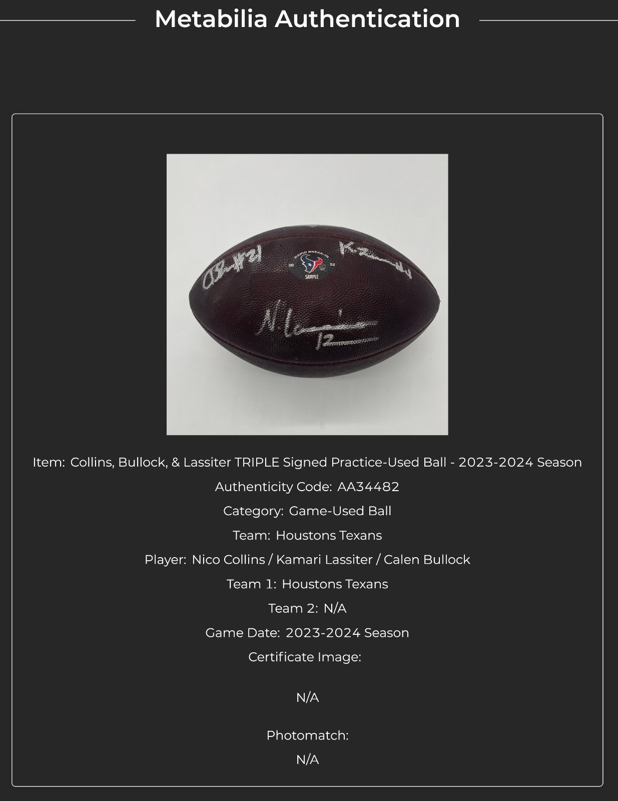 🏈Nico Collins, Calen Bullock, Kamari Lassiter Signed Texans Practice USED Ball