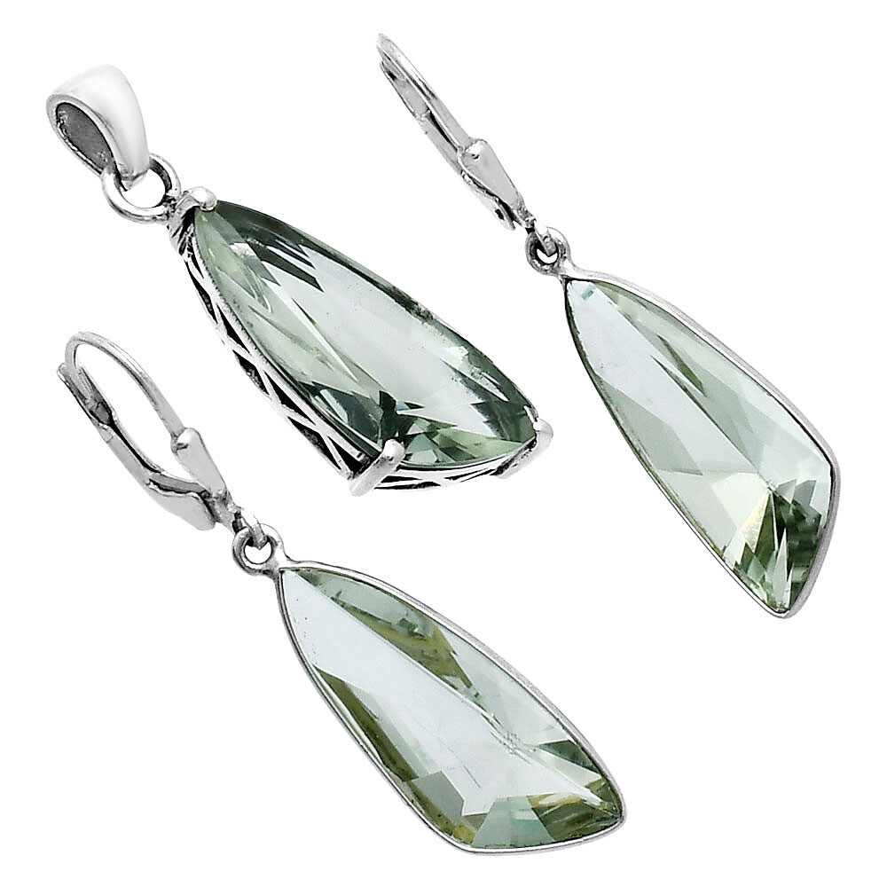 Elegant Faceted Gemstone Pendant Earrings Set 925 Sterling Silver AGT1007