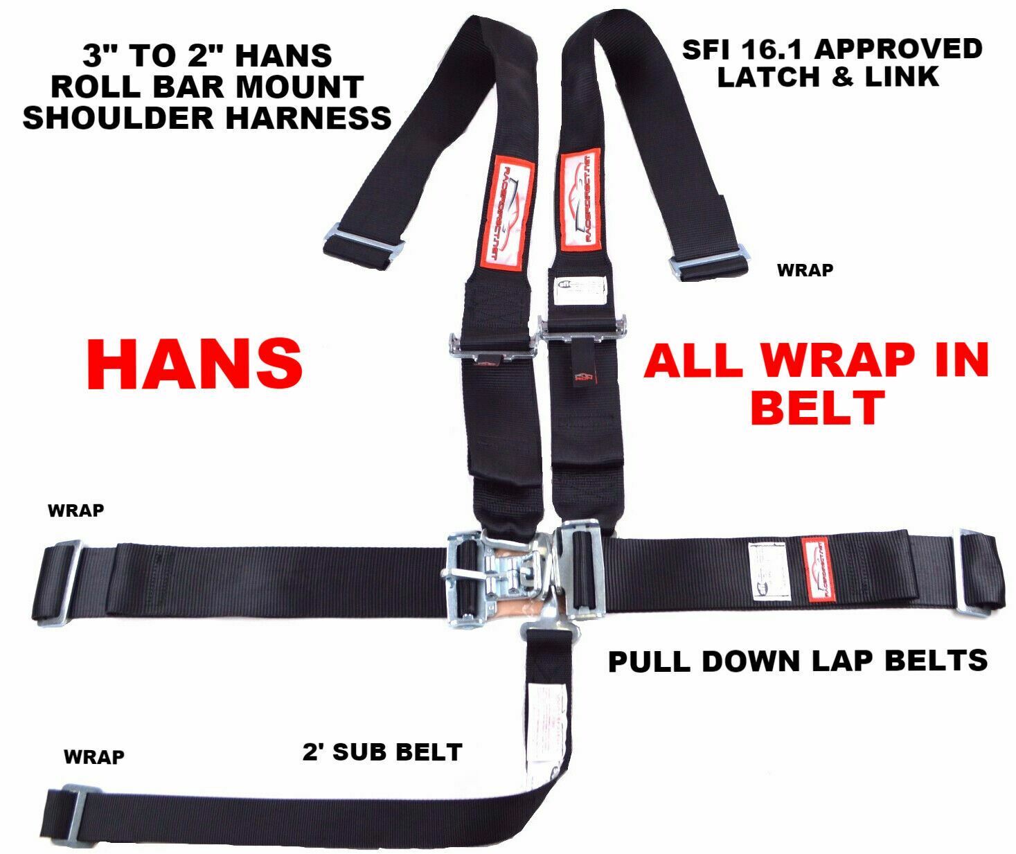HANS 5 POINT ALL WRAP SFI 16.1 RACING HARNESS 3" ALL WRAP SEAT BELT BLACK