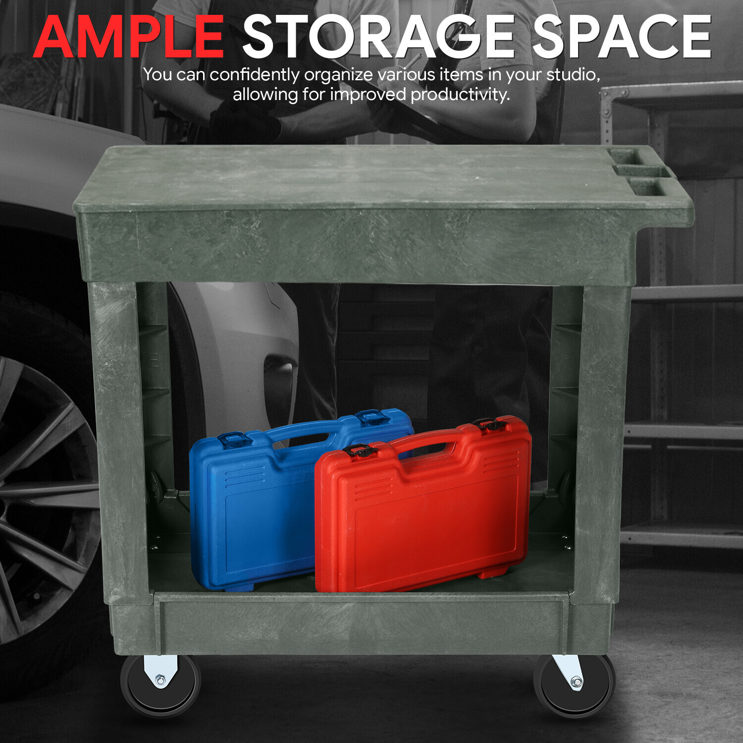 2-Shelf PP Warehouse Garage Office Small Flat Top Rolling Service Utility Cart