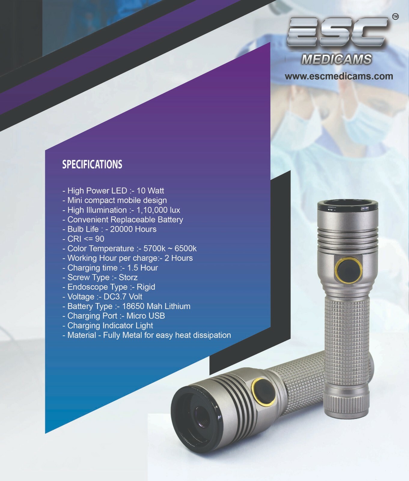 Portable Cold LED Light Source ENT Endoscopy Medical 10W Rigid Endoscope Camera