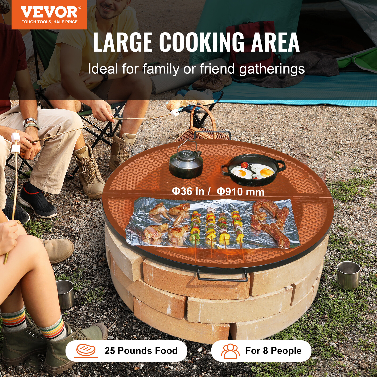 VEVOR 36" Foldable Round Cooking Fire Pit Grill Grate X-Marks Heavy-Duty Steel