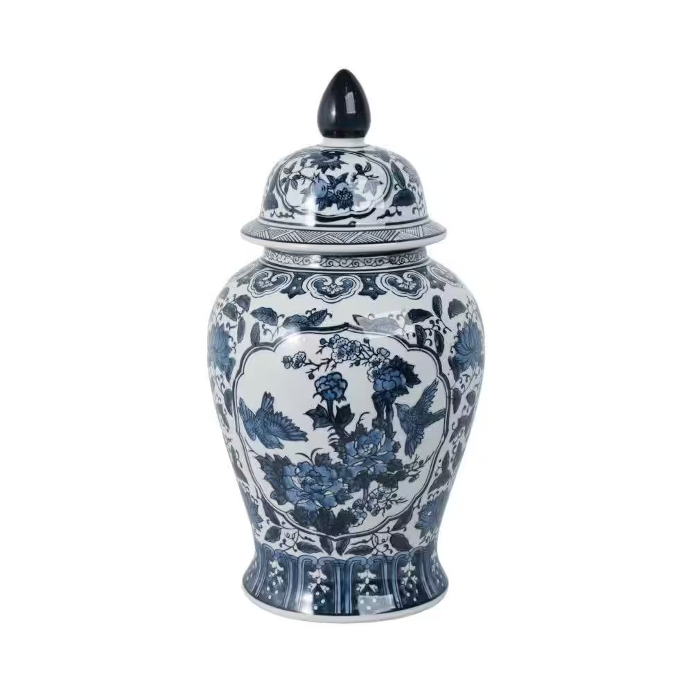 18.25 In. Blue Ceramic Chinoiserie Floral Decorative Jar