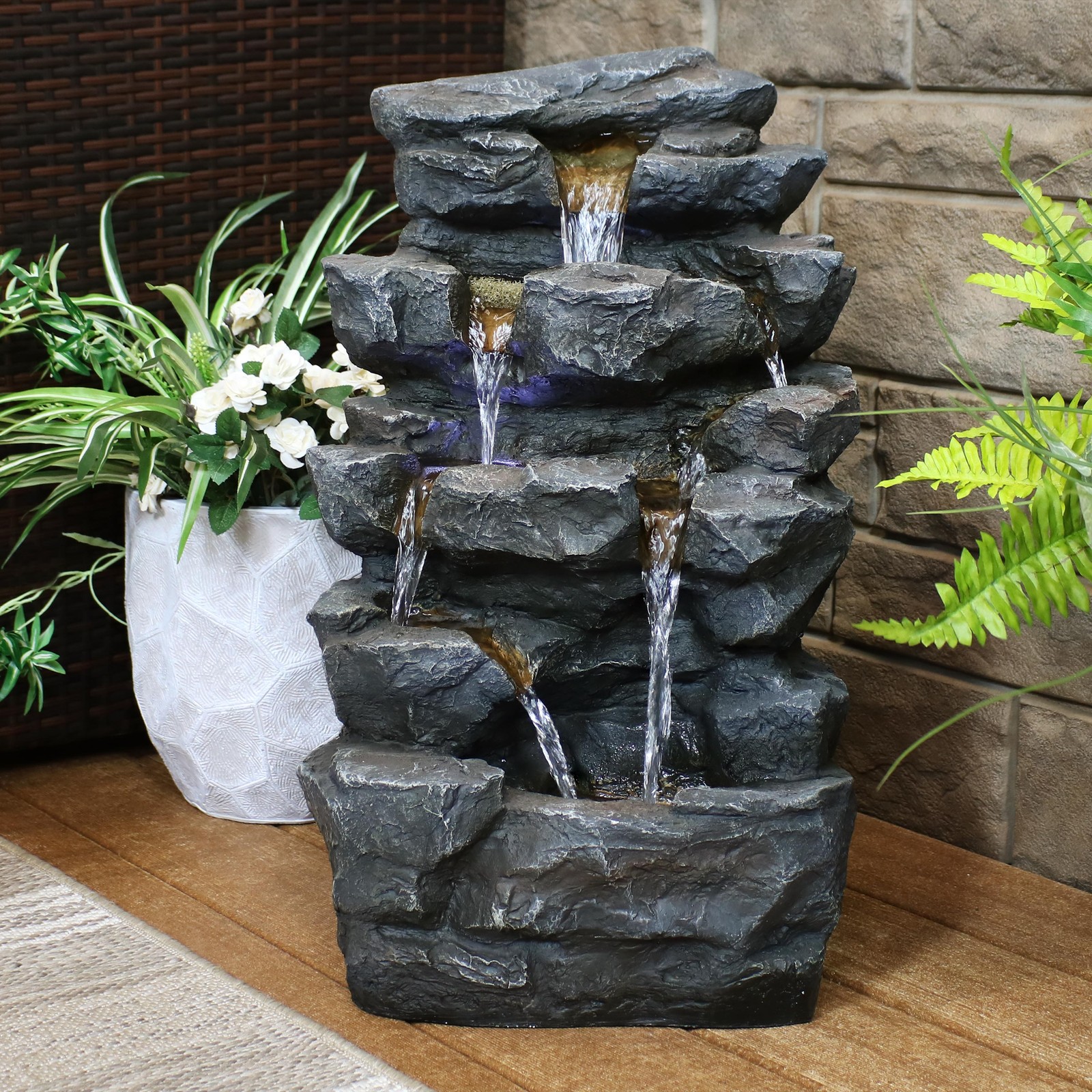 Polyresin Grotto Falls Water Fountain with LED Lights - 24 in by Sunnydaze