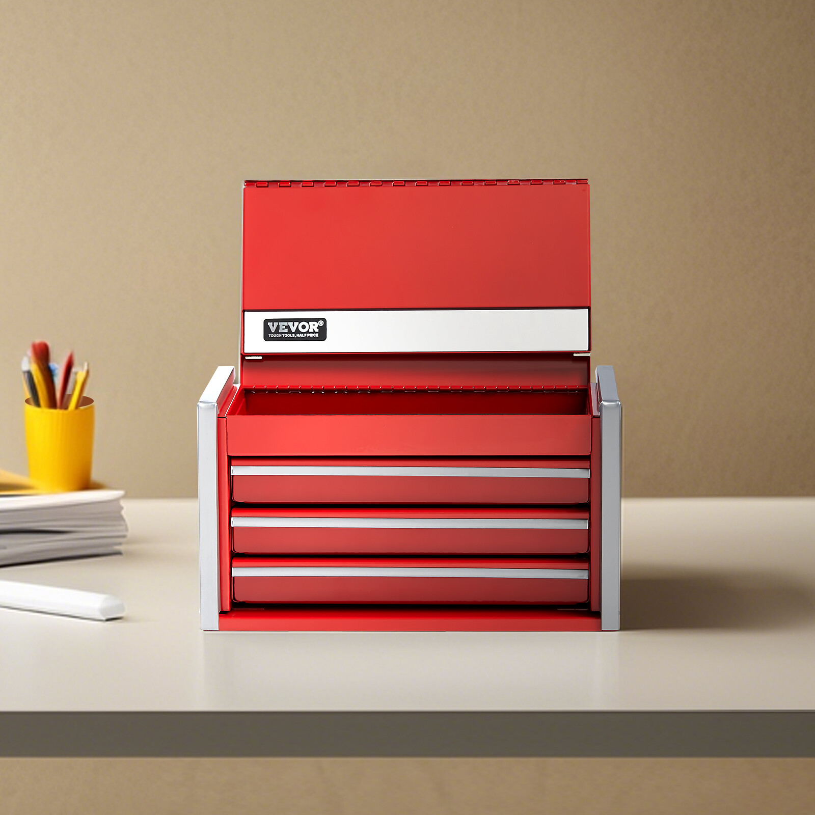 Tool Box 8.6-inch Portable Metal Tool Box 3 Drawers Tool Organizer Red