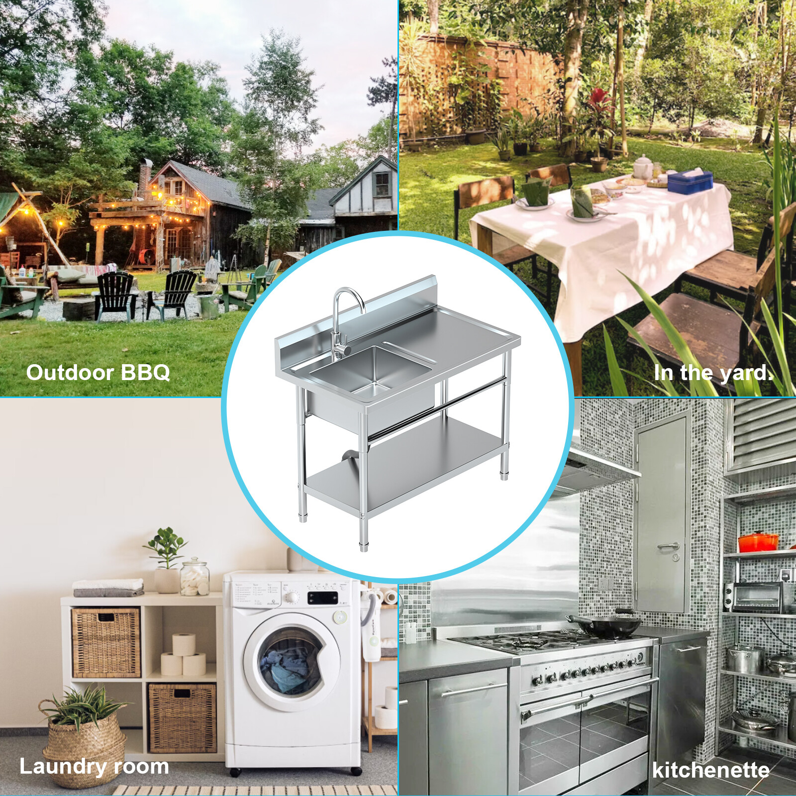 Stainless Steel Utility Bowl Laundry Sink with Water Plumbing Freestanding Sink