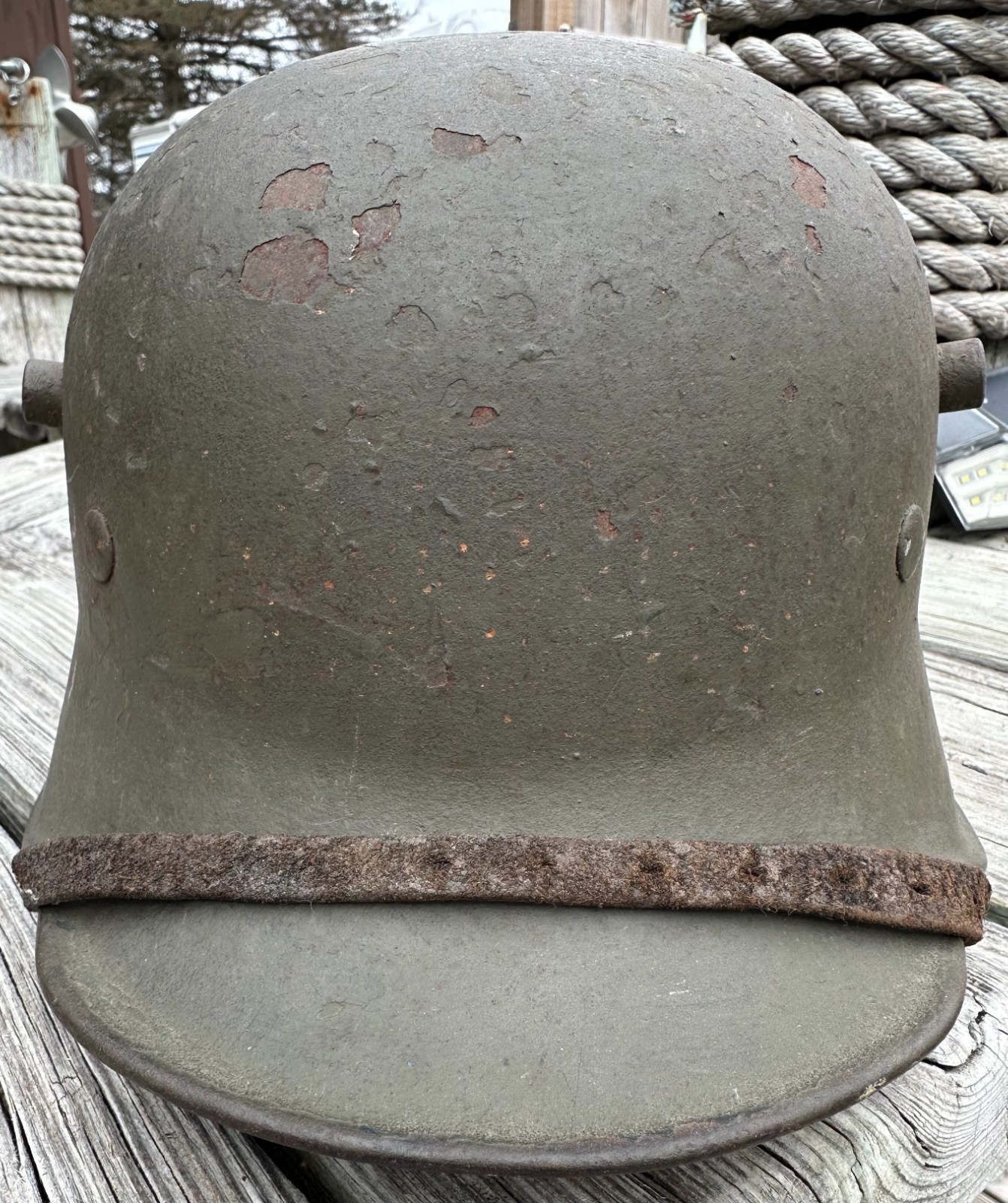 WWI WWII German M18 Combat helmet - thick camo finish - 1938 chinstrap