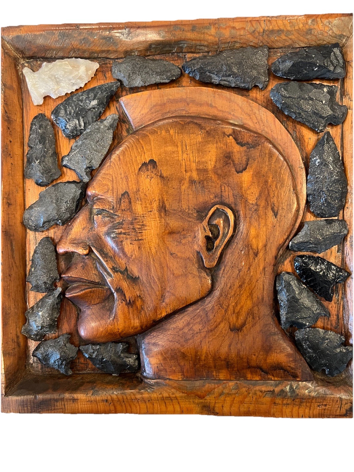 Eastern Woodlands Arrowhead Collection on Native American Wood Relief, Signed