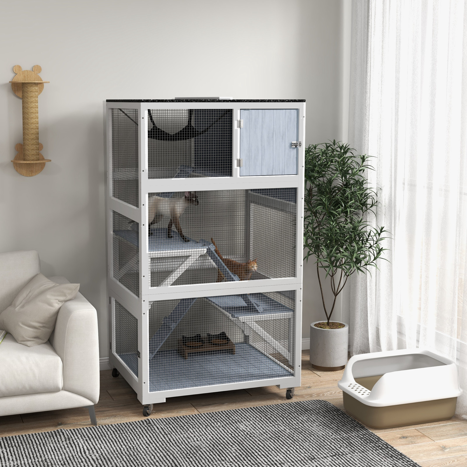 Catio, Outdoor Cat Enclosure House on Wheels with Hammock, Gray