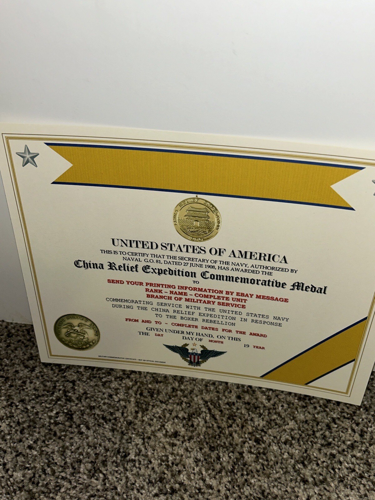 CHINA RELIEF EXPEDITION COMMEMORATIVE MEDAL CERTIFICATE ~ W/PRINTING TYPE-1