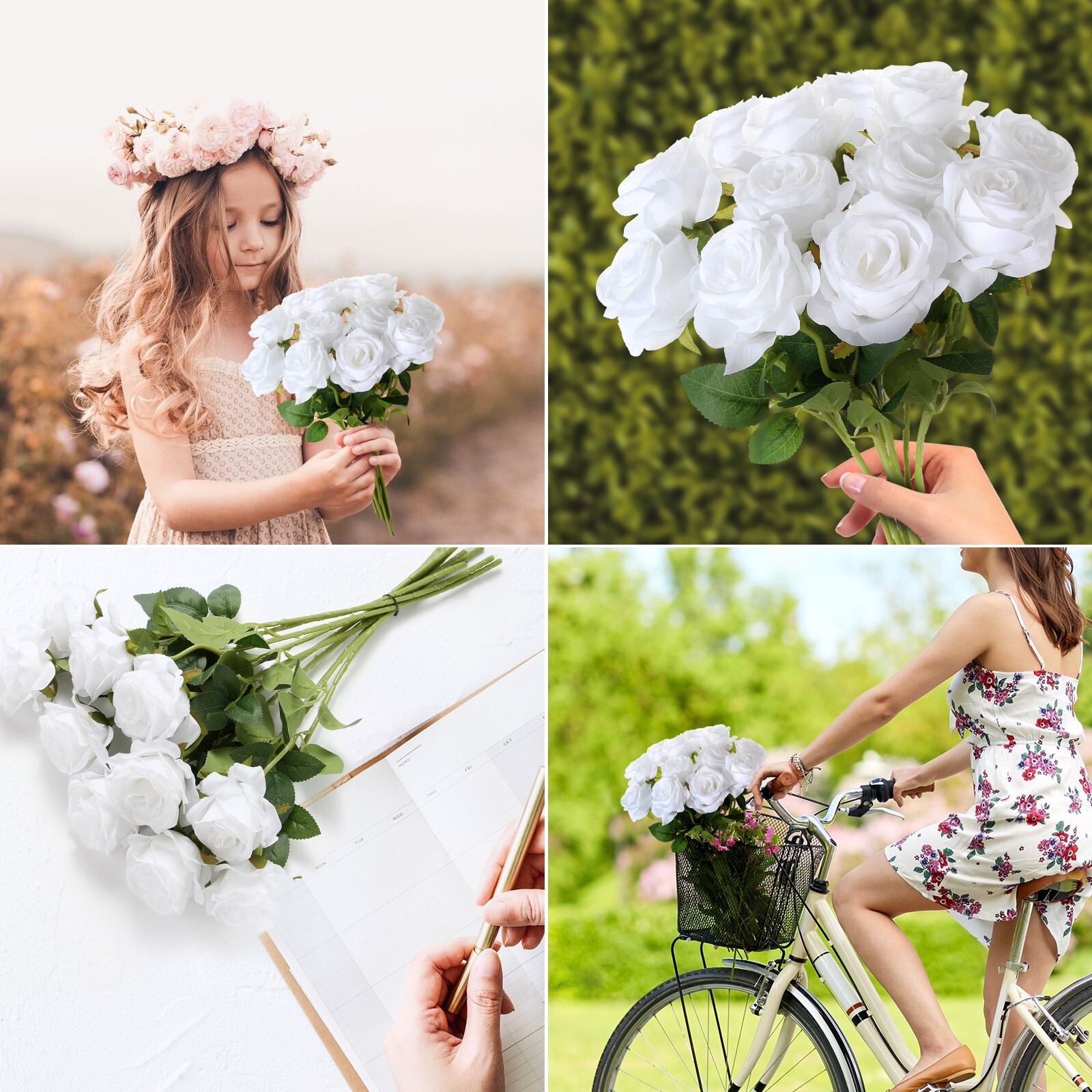 EZFLOWERY 12 Pcs White Silk Artificial Roses with Single Stems