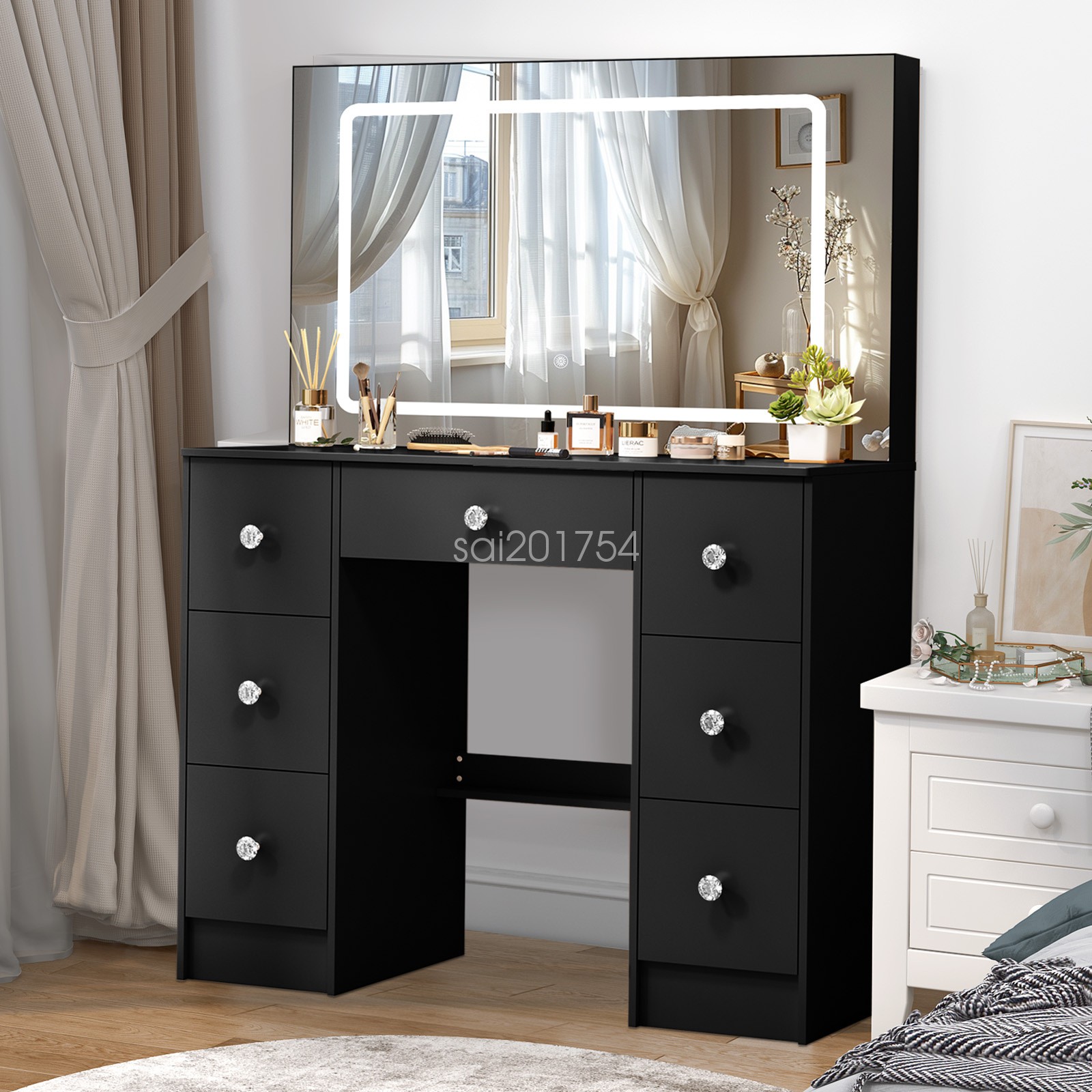 Black Vanity Makeup Desk with LED Lighted Mirror and 7 Drawers Dressing Table