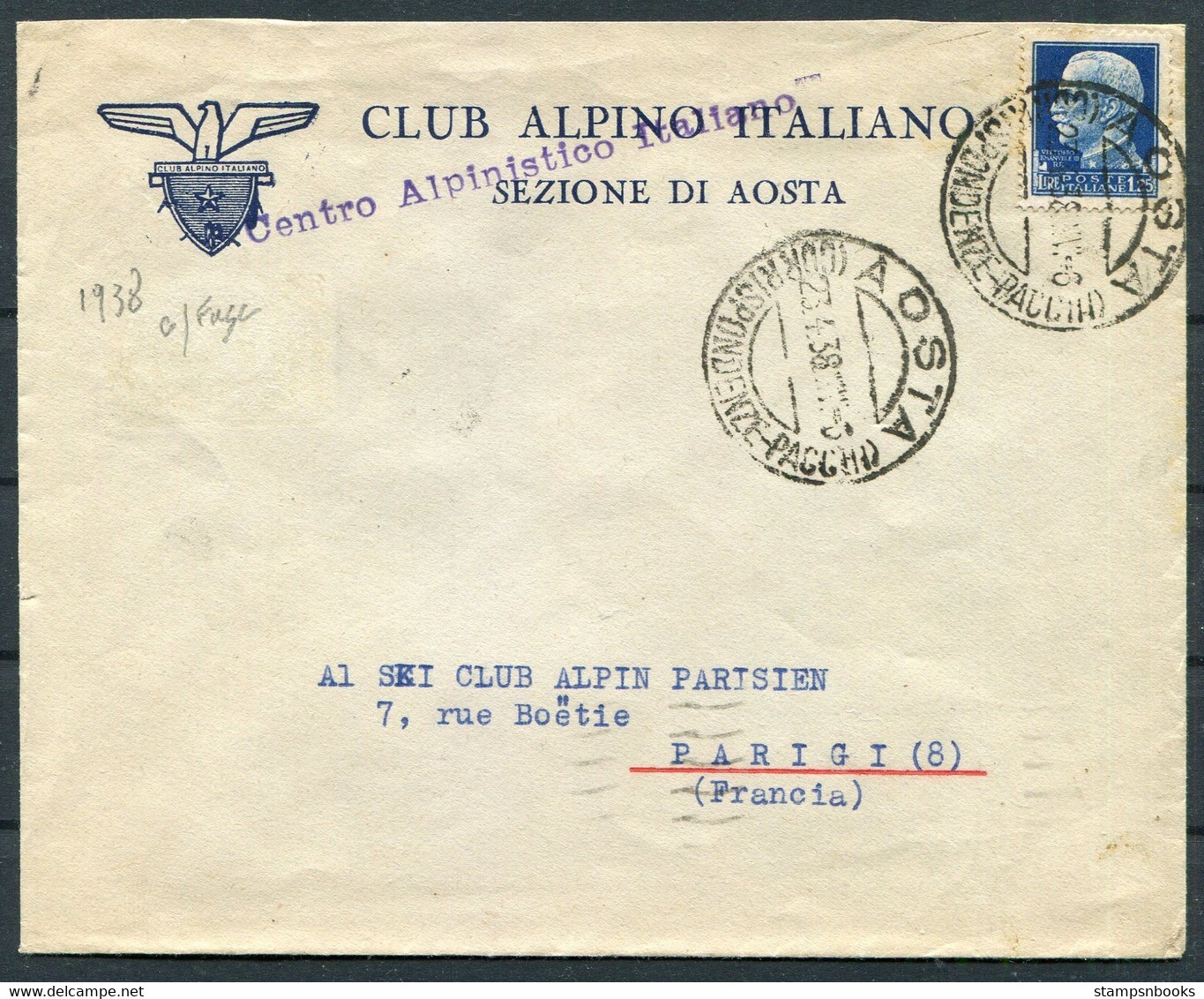 1938 Italy Asta "Club Alpino Italiano" Alpine Club cover - Paris Ski Club France