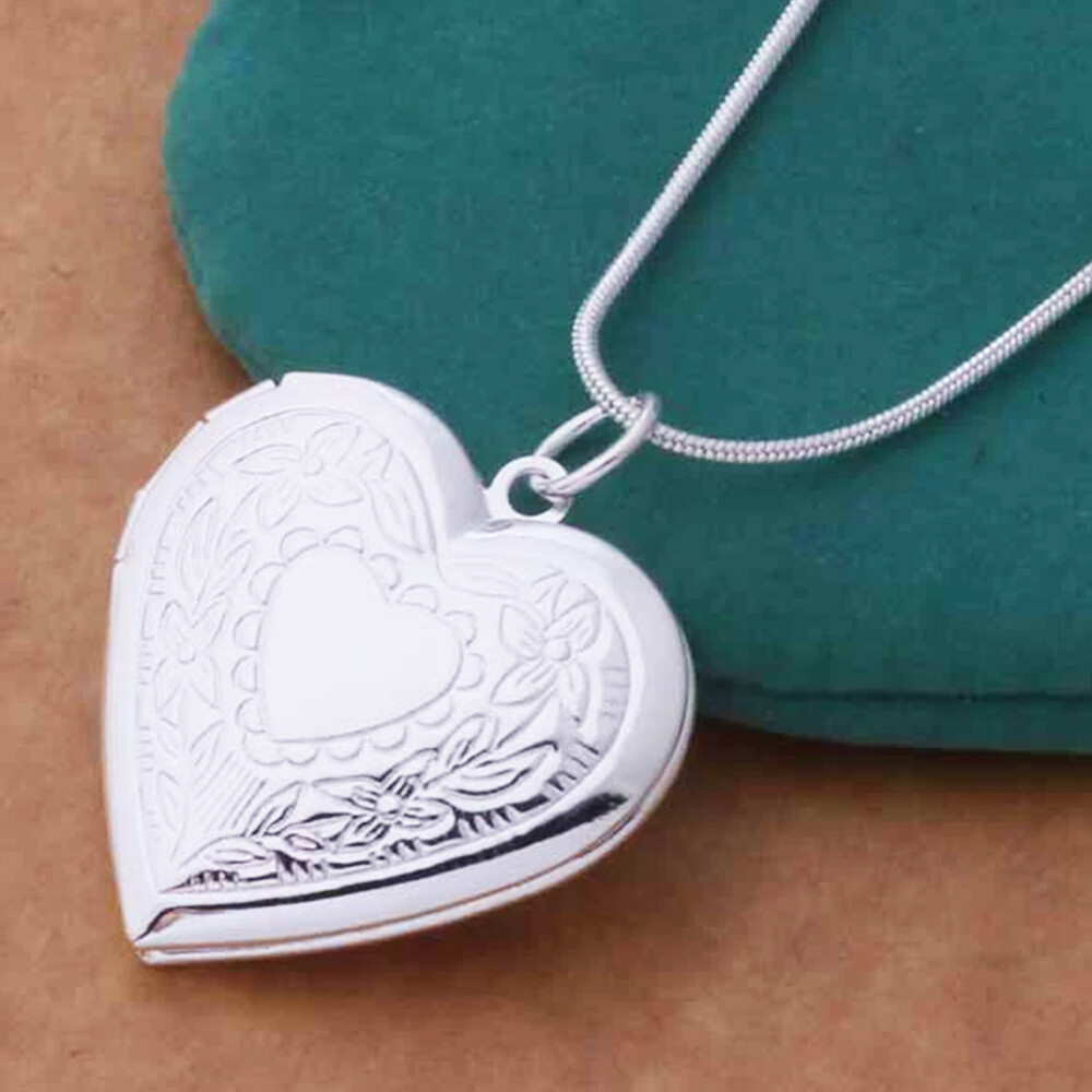 925 Sterling Silver Plated Heart Necklace, Locket Photo Picture Pendant 18" N1