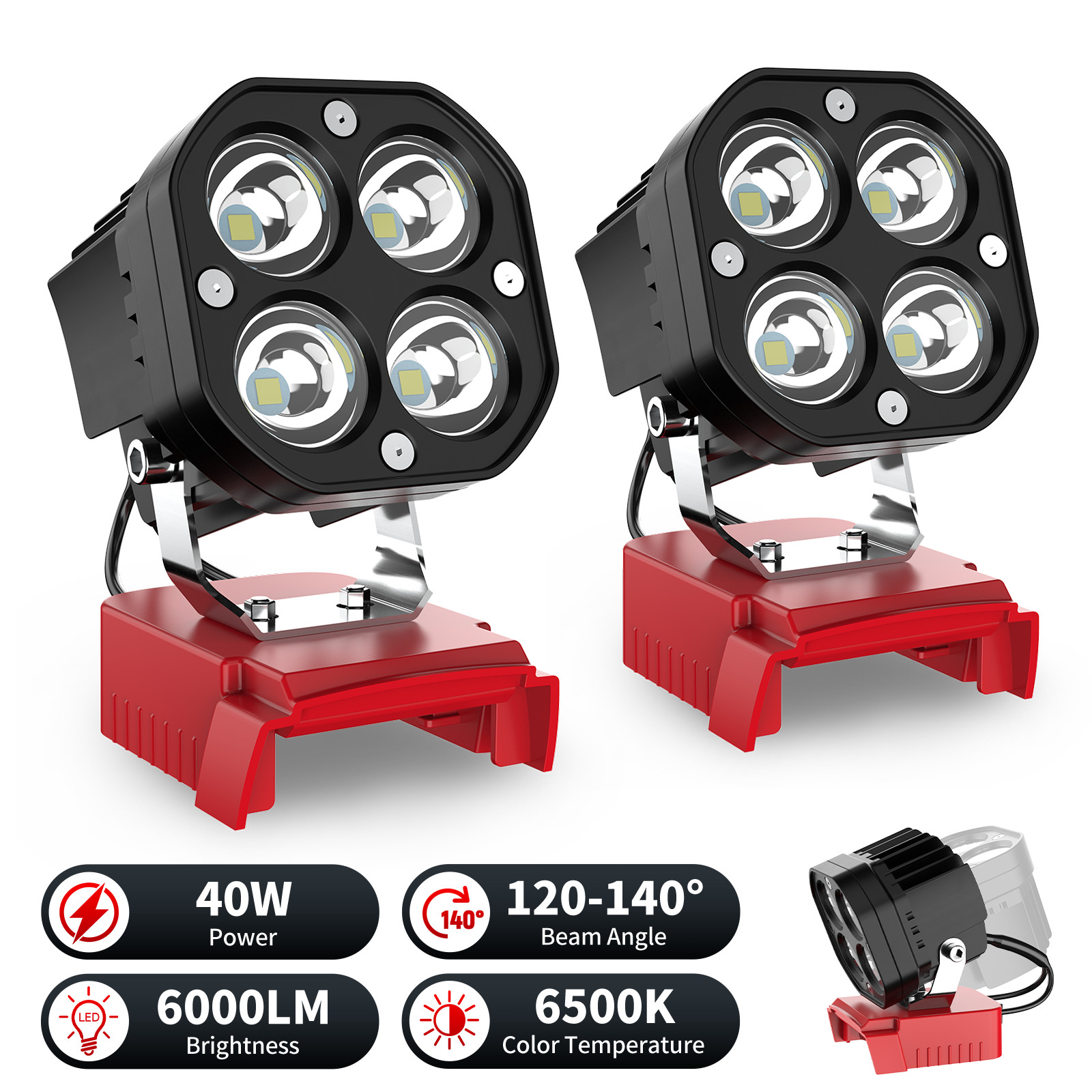 2 Pack 40W LED Work Light Compatible with Milwaukee 18V Battery 6000lm 6500k