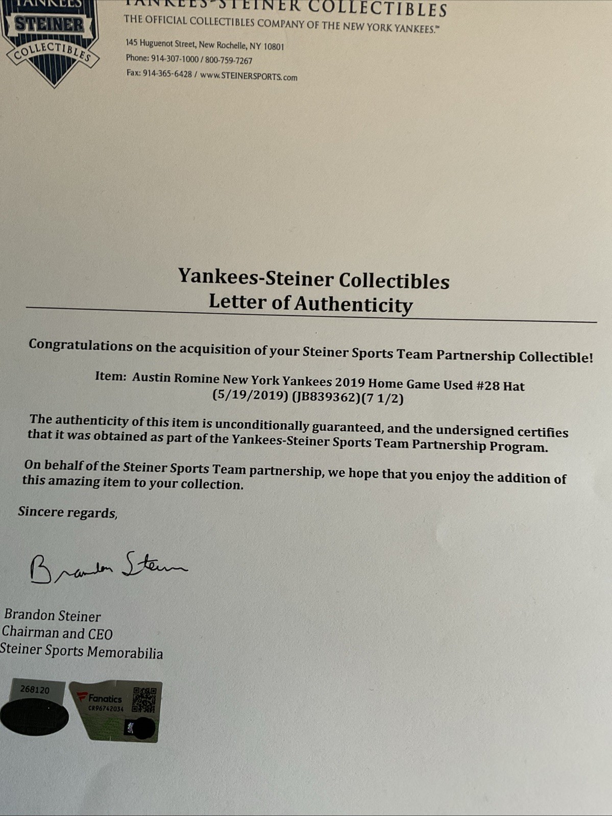 AUSTIN ROMINE *GAME USED* Memorial Day 5/19/19 CAMO HAY#28. COA STEINER