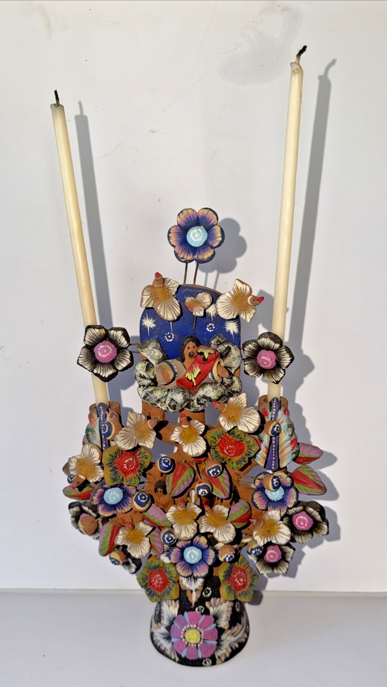 Mexican Clay TREE of LIFE Handmade Multi Color Folk Art Candelabra 12.5" Tall