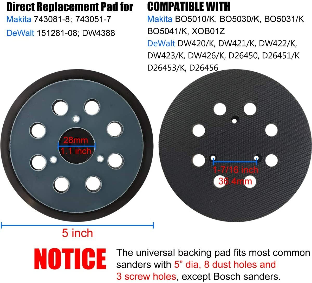 2X 5" Orbital Sander Pad Hook&Loop For DeWalt DW4388 D26450 D26451 D26453 D26456
