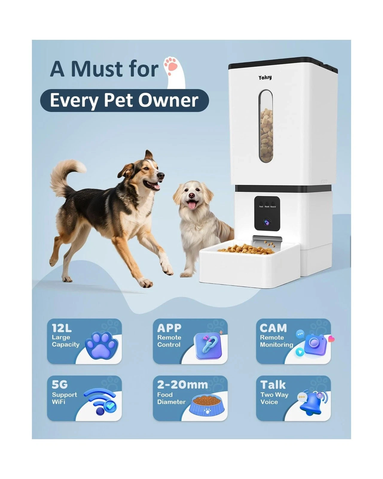 Automatic Dog Feeder Large Breed W/Camera - 12L/50 Cups App WiFi Night Vision