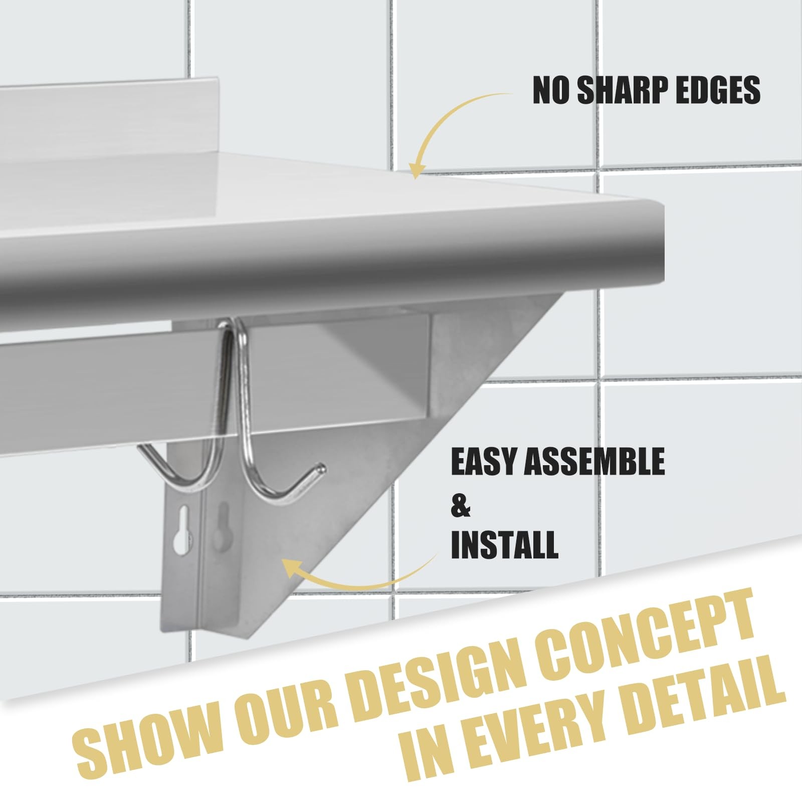 Hally Stainless Steel Shelf With 6 Hooks 12 X 36 Wall Mounted Pot Rack Nsf Com