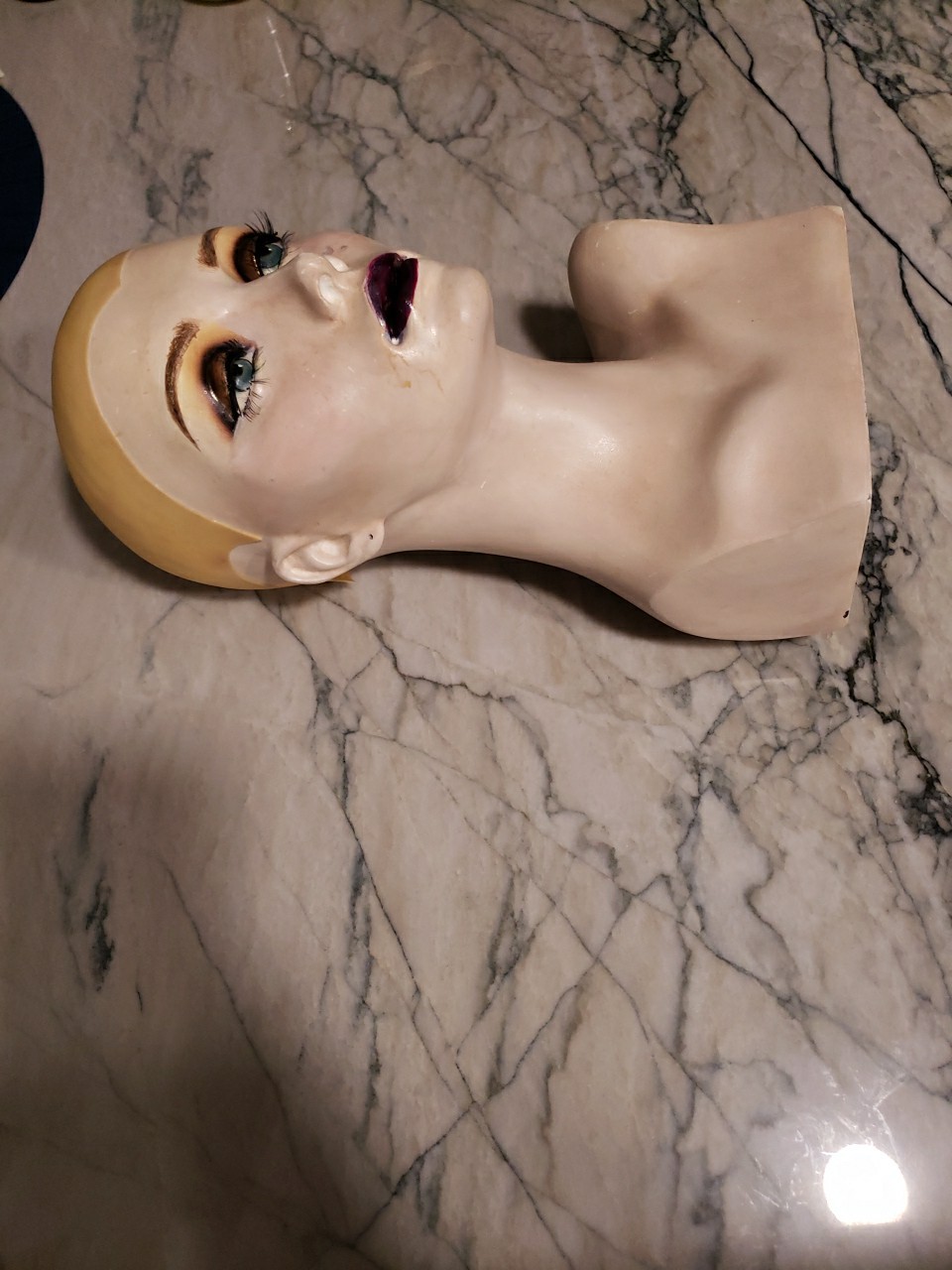 Vintage Plaster Mannequin Head Wig Painted Eyes Halloween Bust 14"H x 8"W