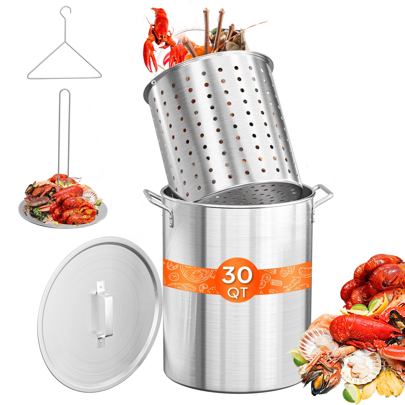 30 QT Aluminum Seafood Boil Pot with Strainer Basket, Lid, Hook for Boiling