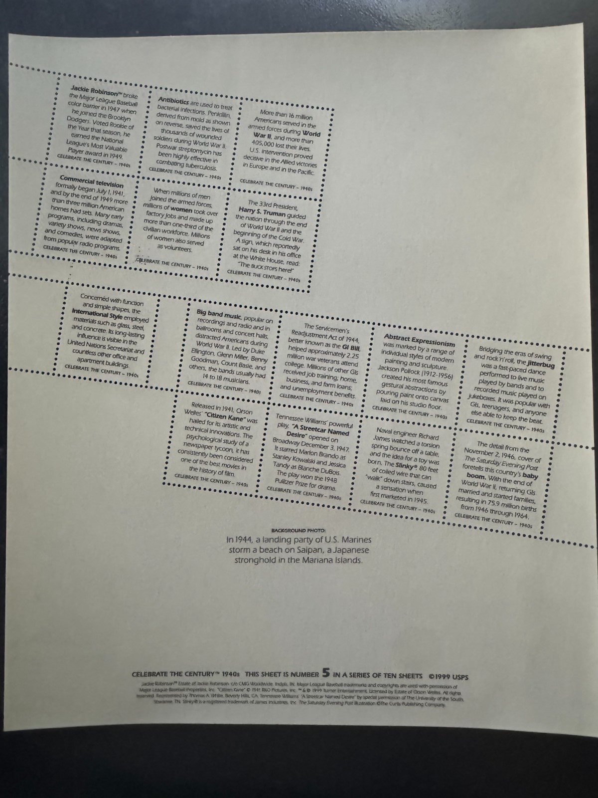 Scott #3186 Celebrate the Century—1940s Pane of 15 33¢ Stamps (1999)