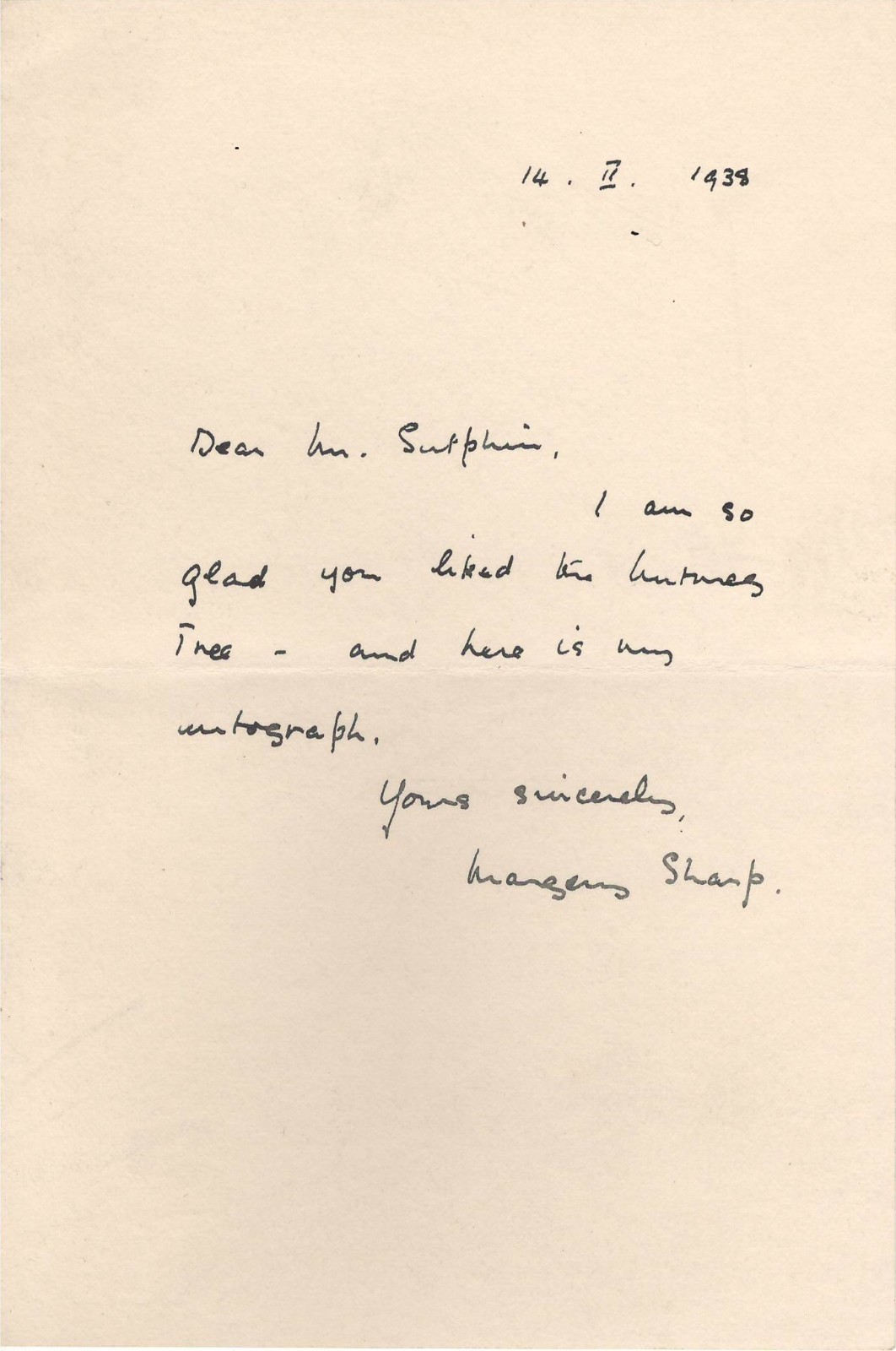 Handwritten Letter Signed by Margery Sharp in 1938 w/ COA