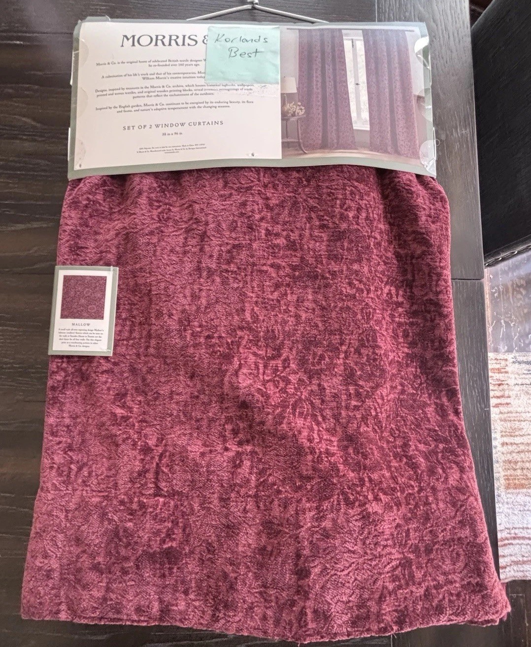 Morris & Co Mallow Burgundy Velvet Floral Back Tap Window Curtain 96” 2 Panels