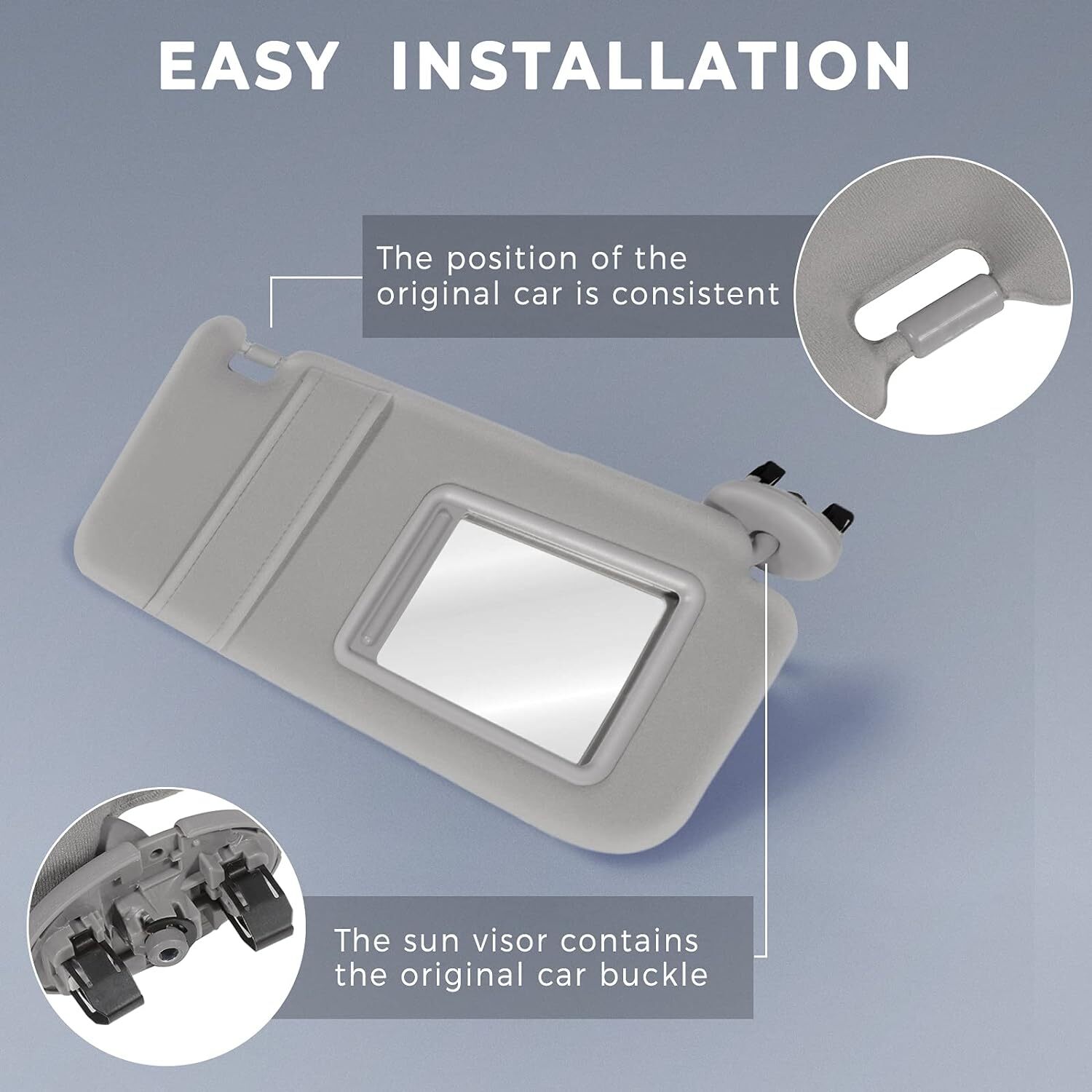 Passenger Side Sun Visor for 2007-2011 Toyota Camry Without Sunroof Light Gray