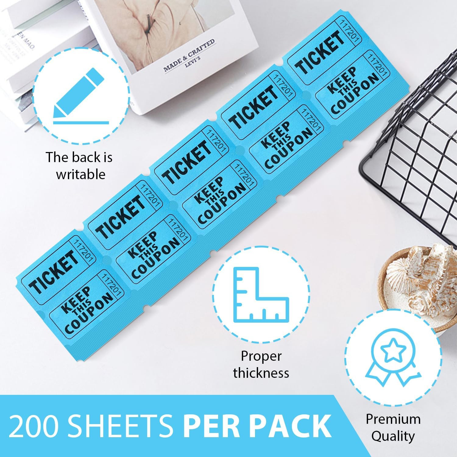 200PCS Double Roll Raffle Tickets-50/50 Raffle Tickets with Perforated Lines and