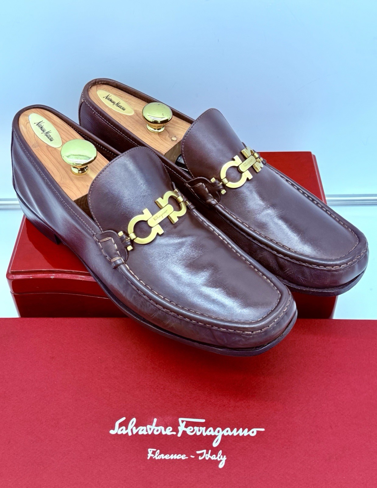 Ferragamo Mens Brown Loafers 12 Gold Gancini Horse Bit Leather Luxe Shoes Rare
