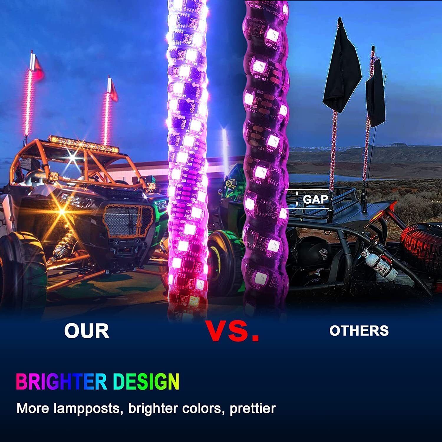 Pair 4ft RGB Spiral LED Whip Lights Antenna Chase + US Flag & Remote for ATV UTV