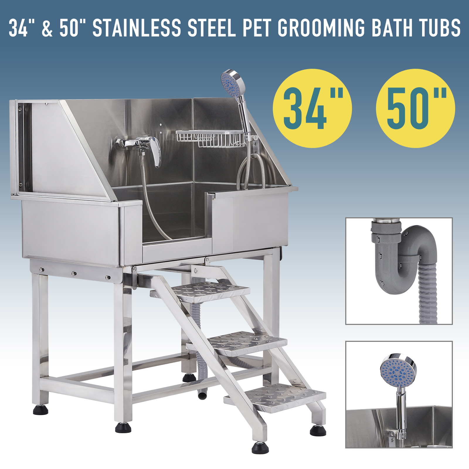 34'' 50" Stainless Steel Dog Grooming Bath Tub Grooming Tubs for Dogs Pet Salon
