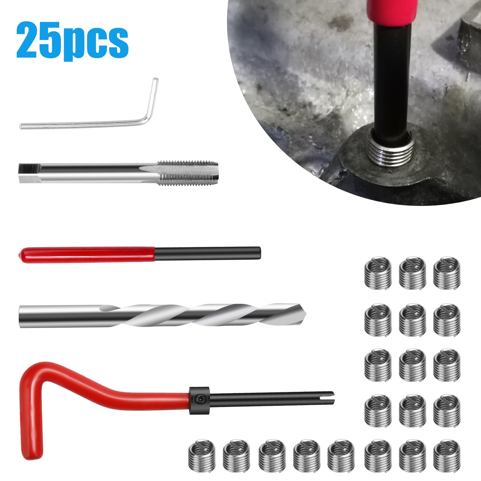 25PCS M8 x 1.25 Thread Repair Kit Stainless Steel Helicoil Insert Set w/ HSS Tap