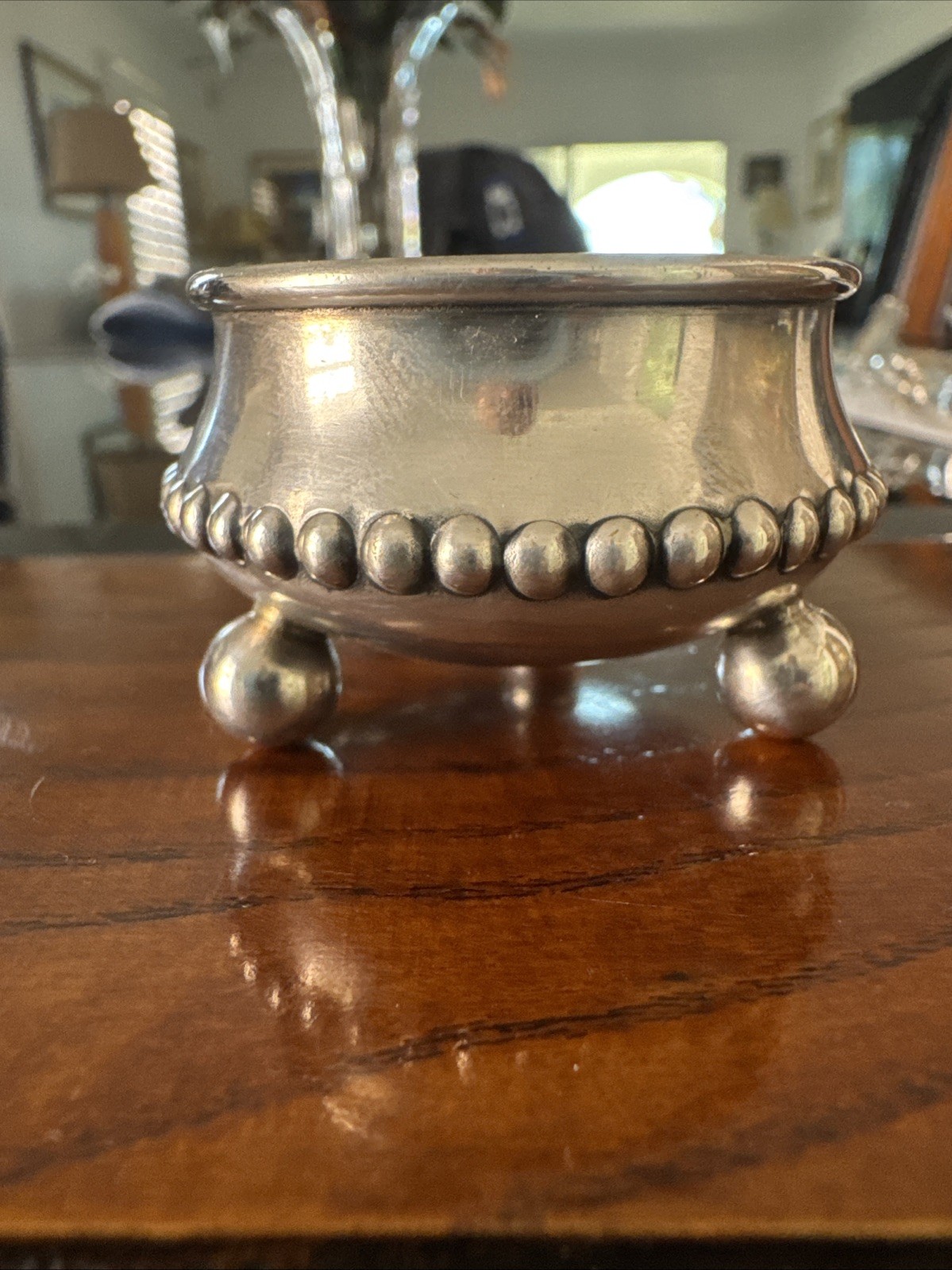 Silver Salt Cellar Beaded Rim ,Ball Footed With Sterling Salt Spoon