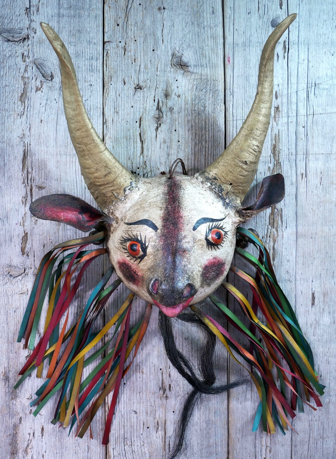 Coconut Goat Mask with Hair Beard Real Horns Handmade Guerrero Mexican Folk Art