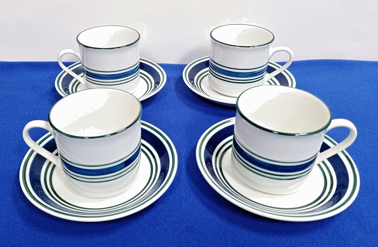 Mainstays Home Flat Cup & Saucer Sets Blue & Green Stripes Set of 4