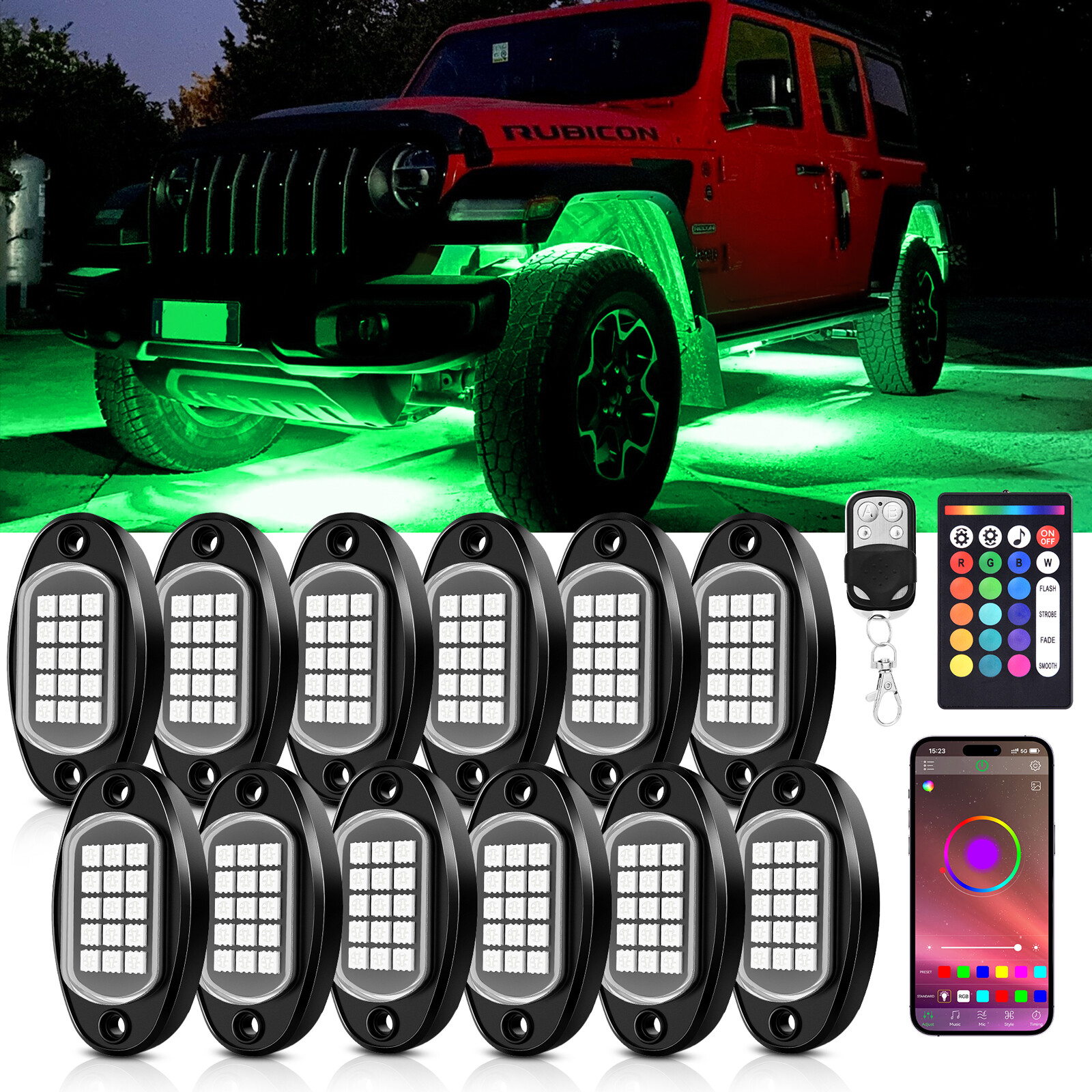 12 Pods RGB LED Rock Lights, 3 Control Way Bluetooth Remote & Fob Underbody Lamp