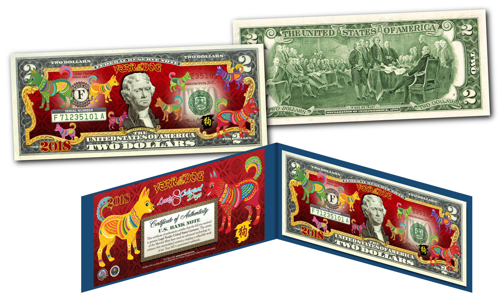 2018 CNY Chinese New YEAR OF THE DOG Polychromatic 8 COLOR Dogs $2 US Bill BLUE