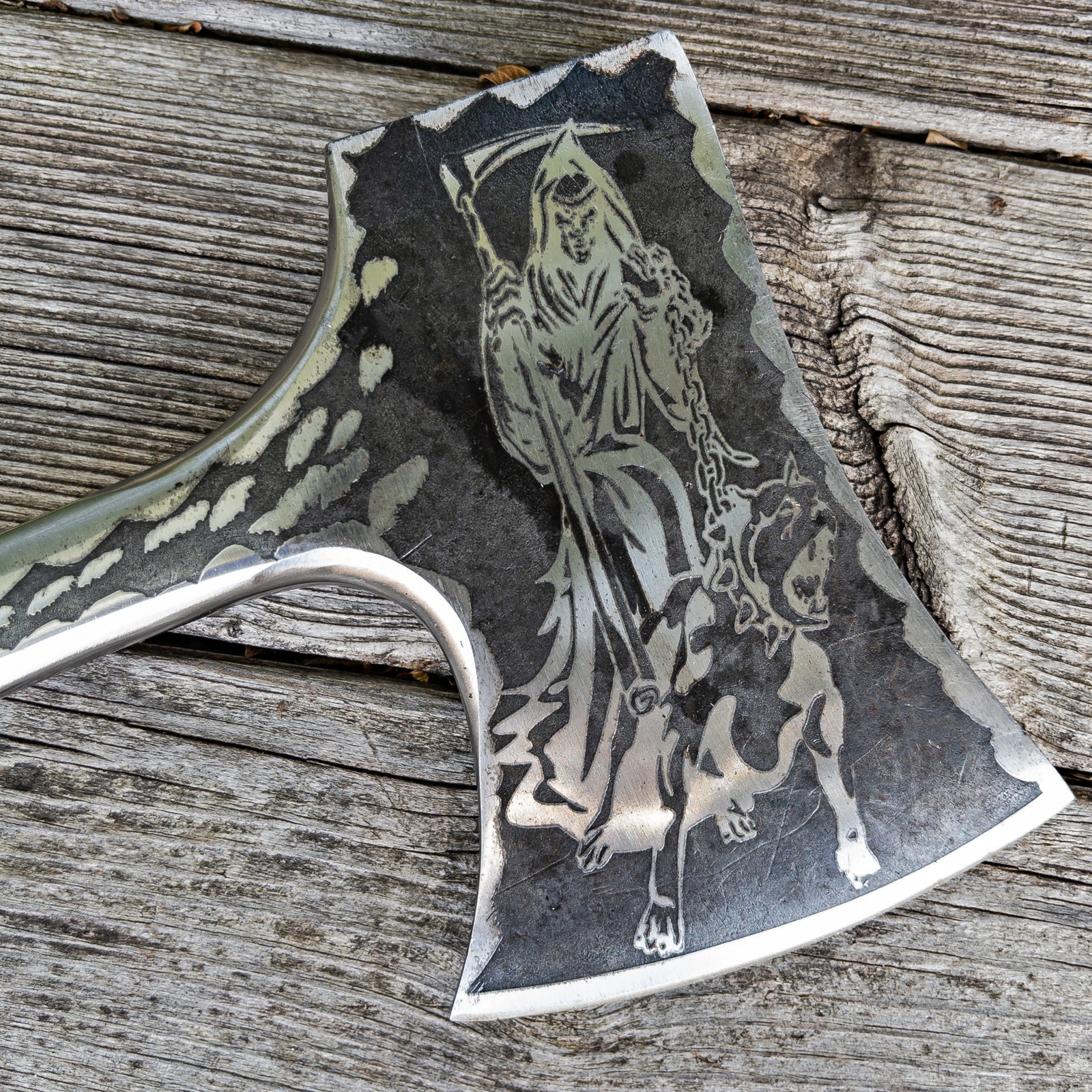 Custom Engraved Grim Reaper Hunting Axe Carbon Steel Full Tang Hatchet Wood Grip