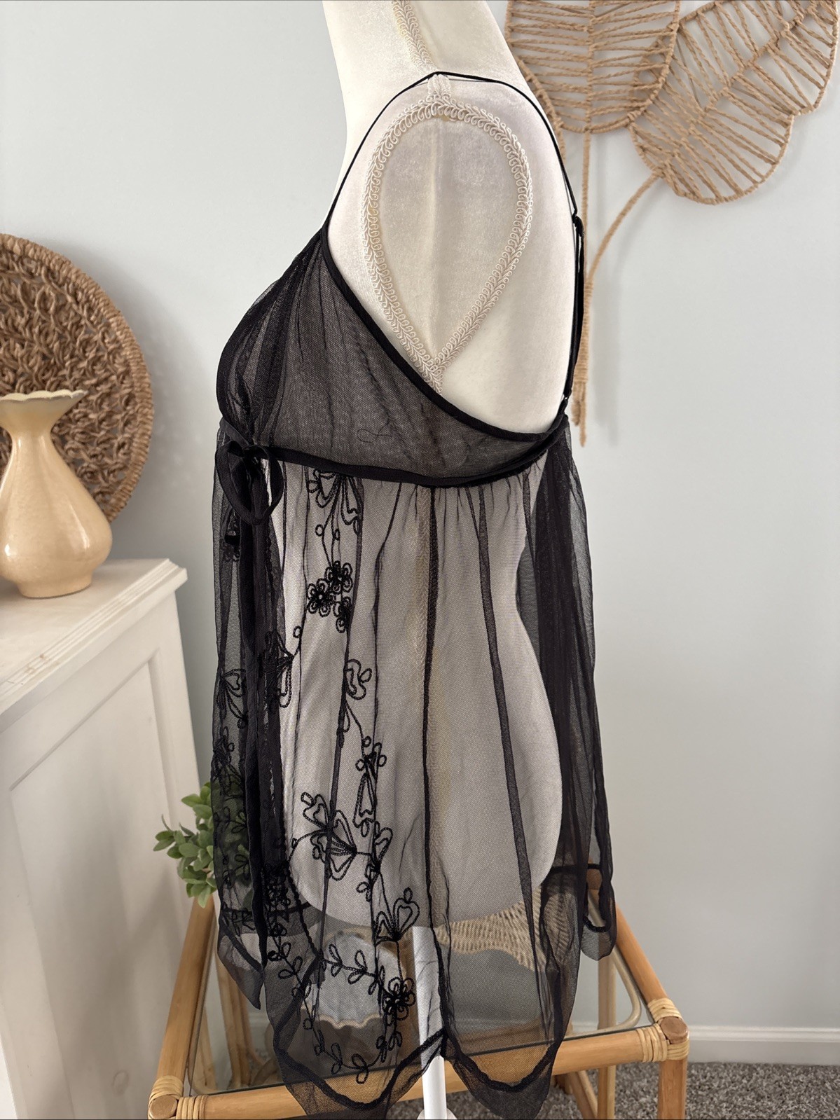 Victoria's Secret Babydoll Lingerie Dress Skirt Black Mesh Open Slit Large L