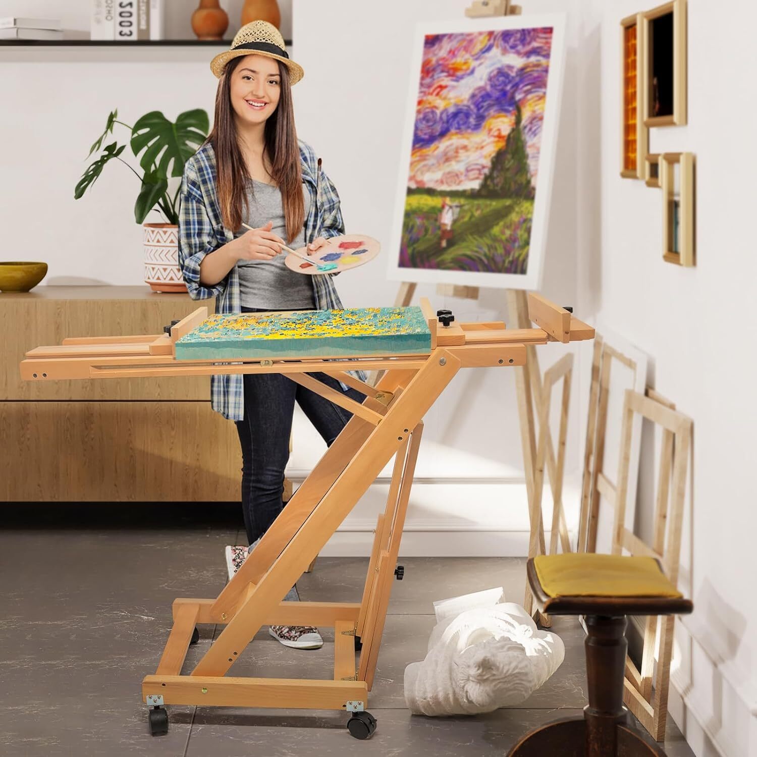 87 Inch Wood Studio Artist Easel Beech Wood Painting Art Easel Standing H-Frame