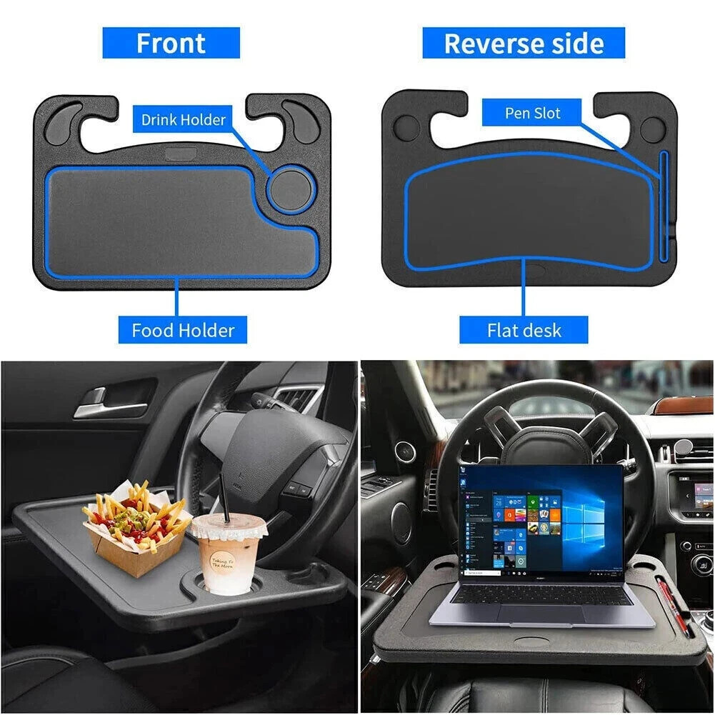 New Car Steering Wheel Tray Desk 2 Sided For Laptop Drink Food Work Table Holder