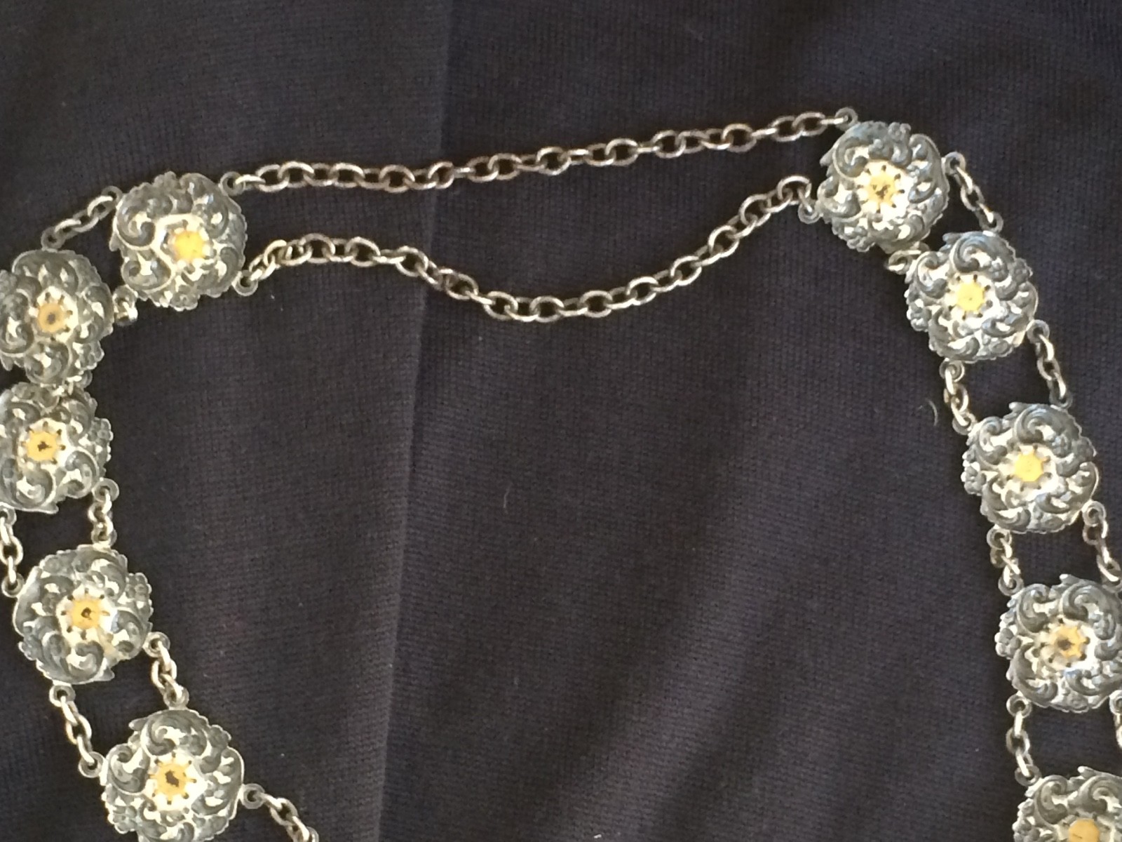 Antique Art Nouveau Victorian Belt SilverPlate Embossed Emerald Glass Stones 30"