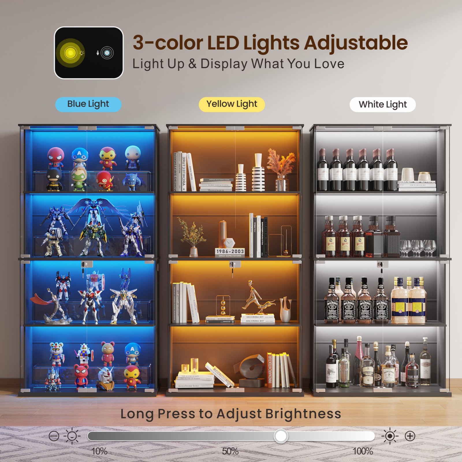 Display Cabinet with Glass Doors, Curio Cabinet with LED Lights for Collectibles