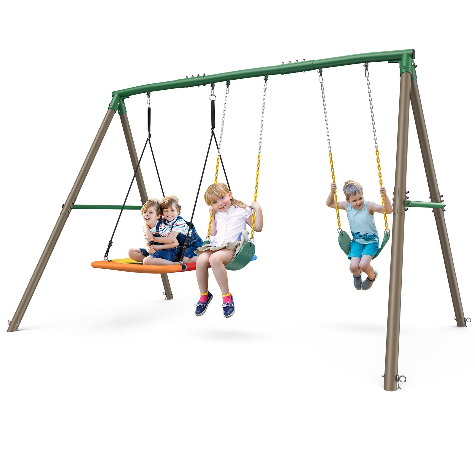 Hapfan 600lbs 7.3ft Tall Heavy Duty Metal Swing Set with 3 Swings Kids Backyard