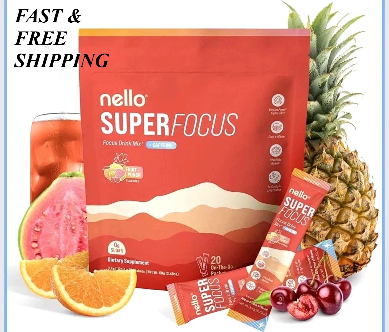 1-3 PCS Nello SuperFocus Caffeinated Drink - Refreshing Fruit Punch Flavor